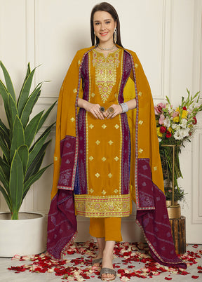 3 Pc Mustard Unstitched Silk Suit Set