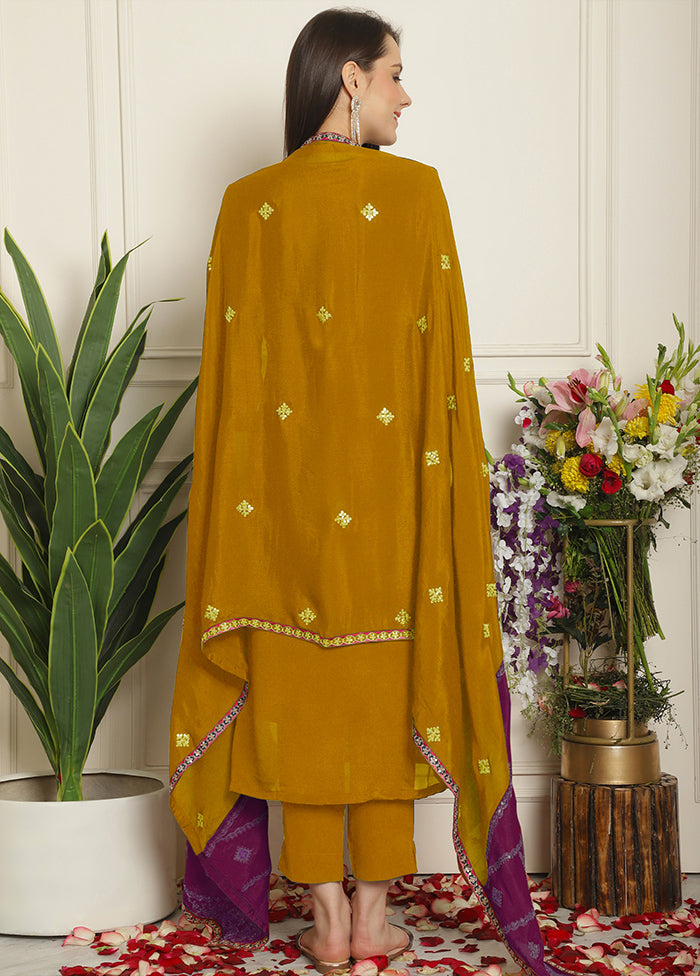 3 Pc Yellow Unstitched Muslin Suit Set - Indian Silk House Agencies