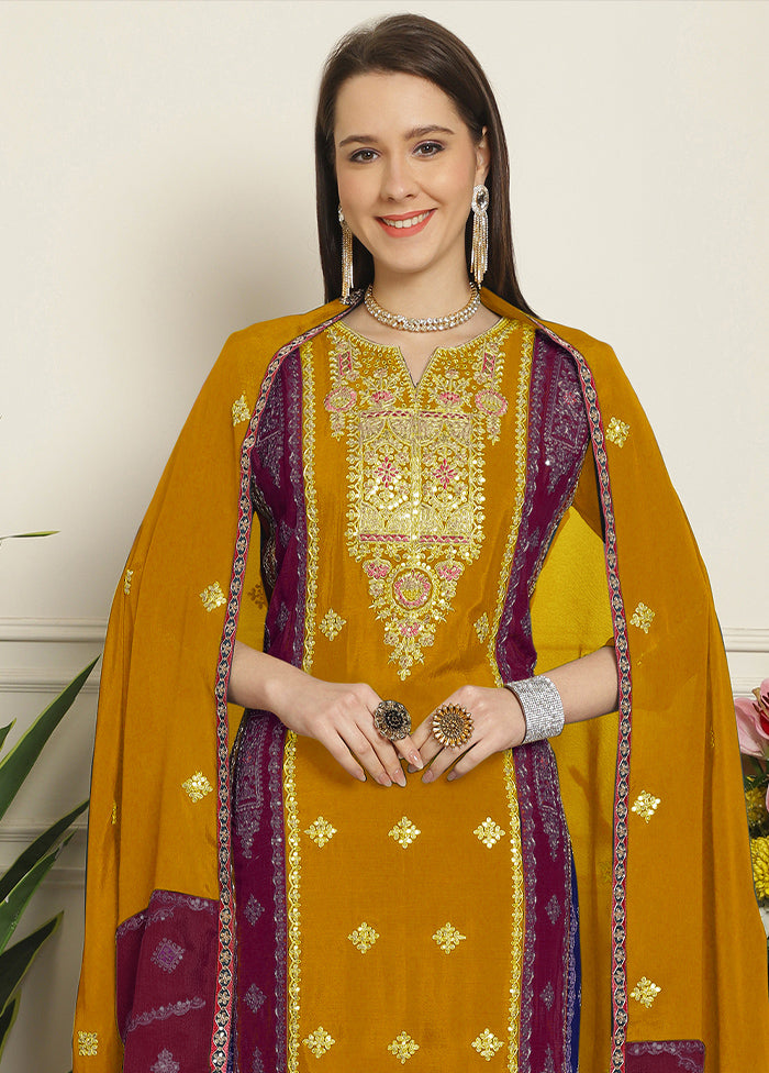 3 Pc Yellow Unstitched Muslin Suit Set - Indian Silk House Agencies