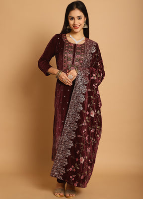 3 Pc Maroon Unstitched Velvet Suit Set