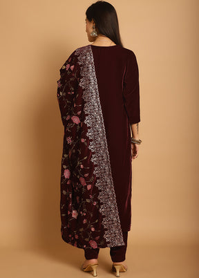 3 Pc Maroon Unstitched Velvet Suit Set - Indian Silk House Agencies