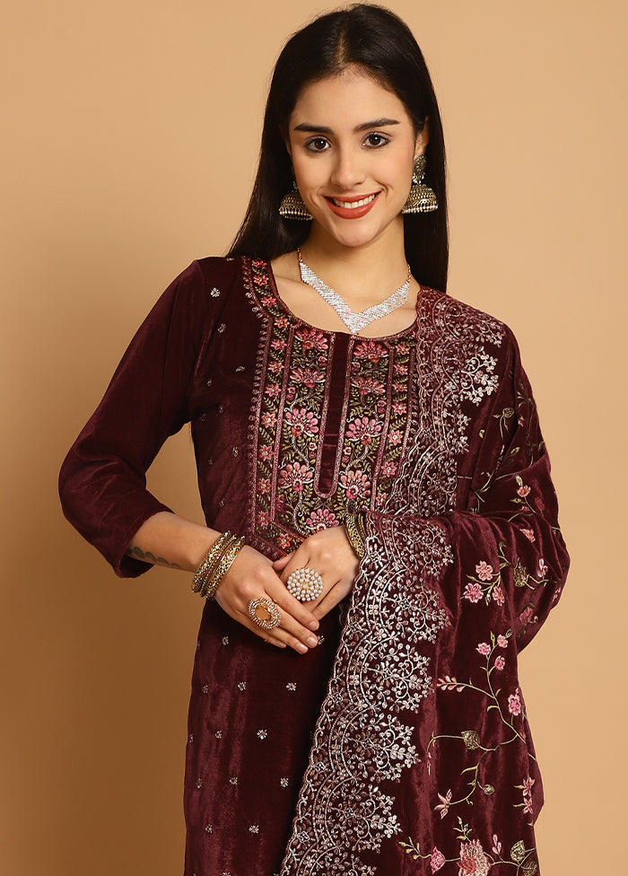 3 Pc Maroon Unstitched Velvet Suit Set