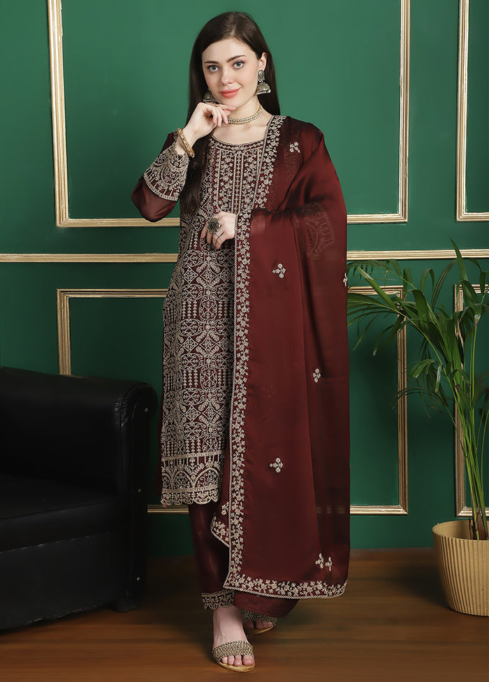 3 Pc Maroon Unstitched Georgette Suit Set