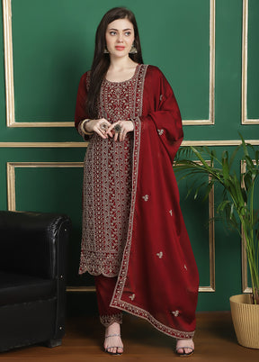 3 Pc Red Unstitched Santoon Suit Set - Indian Silk House Agencies