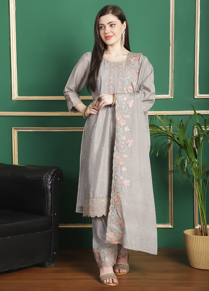 3 Pc Grey Unstitched Santoon Suit Set - Indian Silk House Agencies