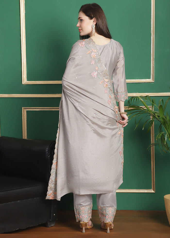 3 Pc Grey Unstitched Santoon Suit Set - Indian Silk House Agencies