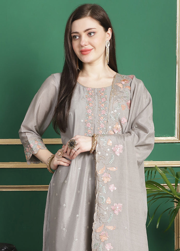 3 Pc Grey Unstitched Silk Suit Set