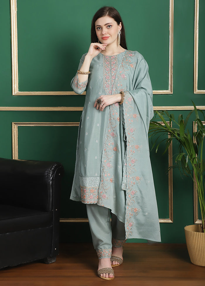 3 Pc Turquoise Unstitched Silk Suit Set