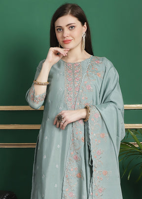 3 Pc Turquoise Unstitched Silk Suit Set