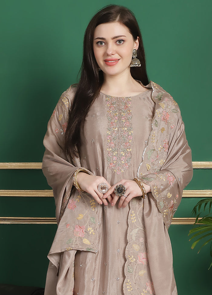 3 Pc Beige Unstitched Silk Suit Set