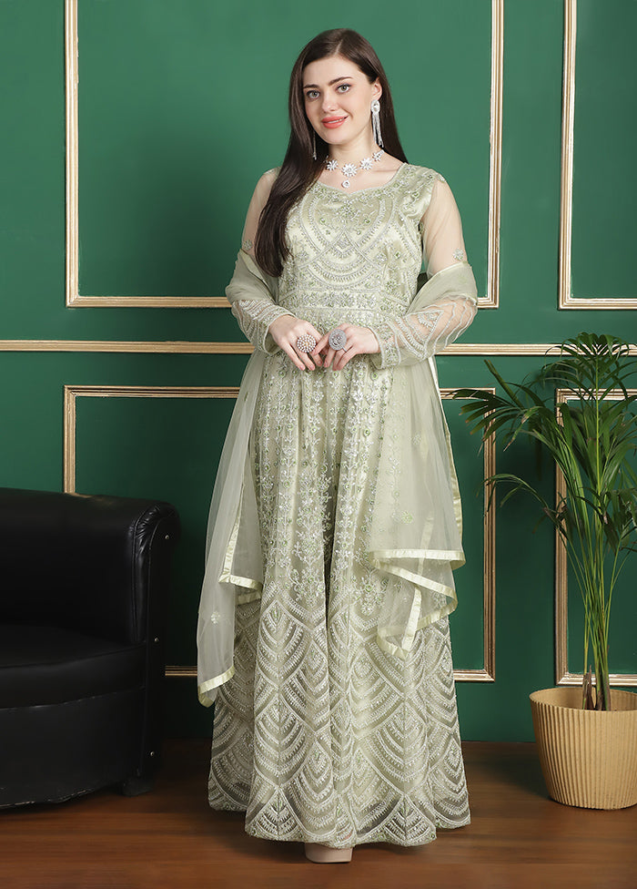 Pista Green Semi Stitched Net Indian Dress