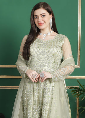 3 Pc Green Semi Stitched Silk Suit Set