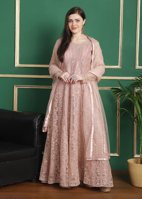 3 Pc Pink Semi Stitched Silk Suit Set