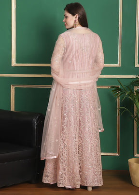 3 Pc Pink Semi Stitched Silk Suit Set