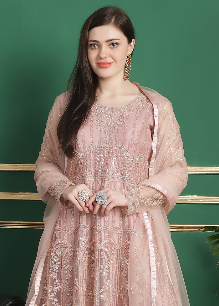 3 Pc Pink Semi Stitched Silk Suit Set