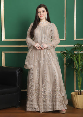 3 Pc Cream Semi Stitched Silk Suit Set