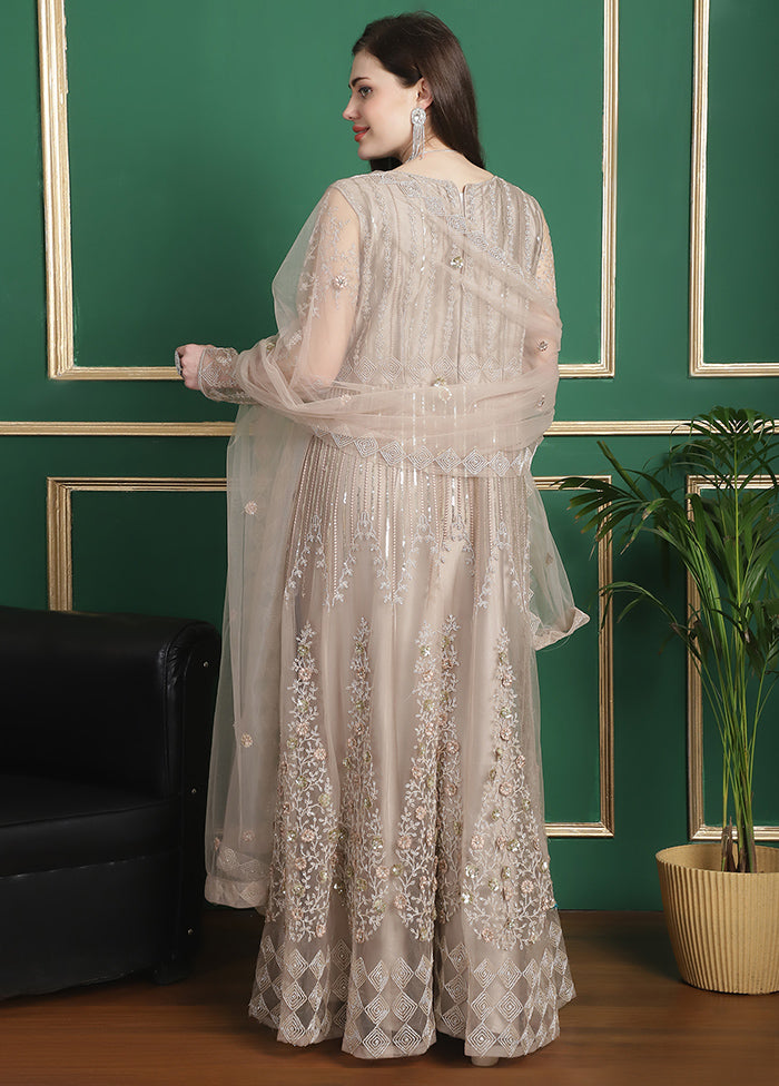 3 Pc Cream Semi Stitched Silk Suit Set