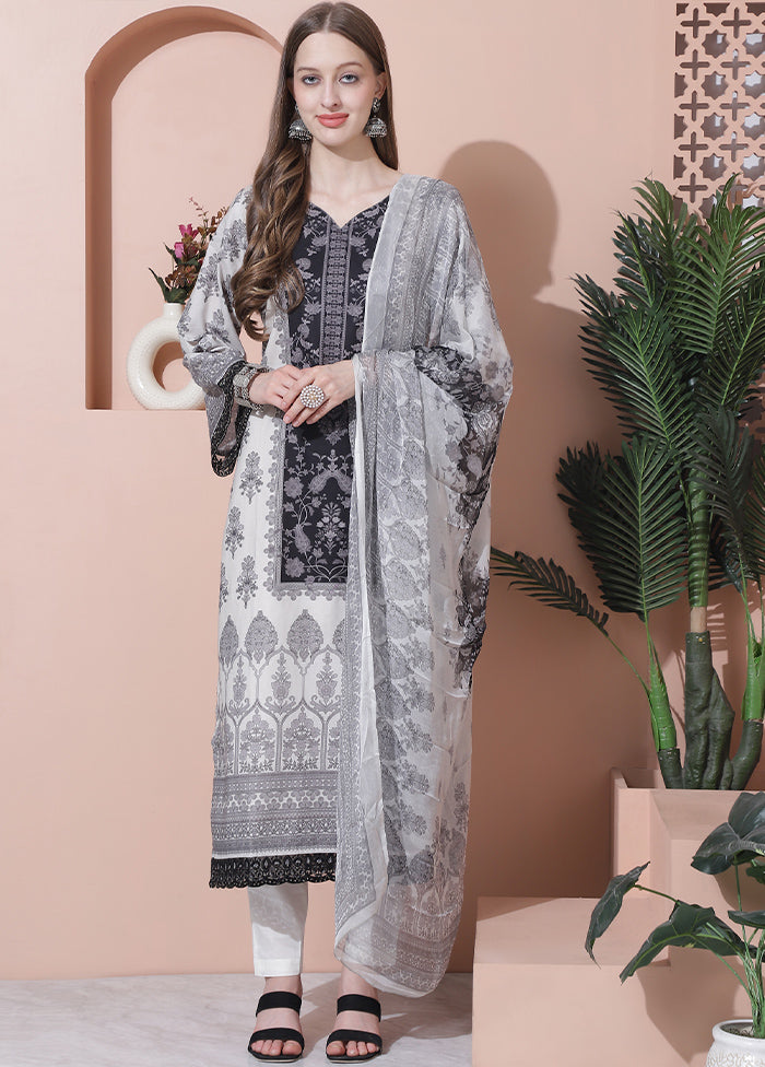 3 Pc Off White Pure Semi Stitched Cotton Suit Set - Indian Silk House Agencies