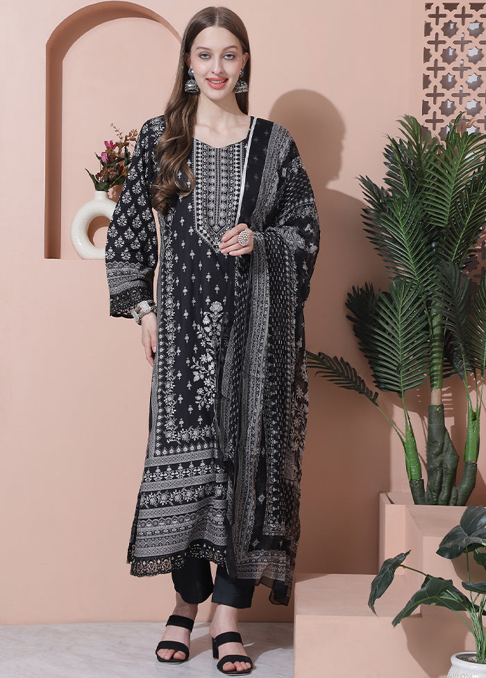 3 Pc Black Pure Semi Stitched Cotton Suit Set - Indian Silk House Agencies