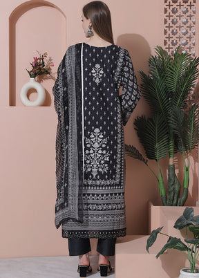 3 Pc Black Pure Semi Stitched Cotton Suit Set