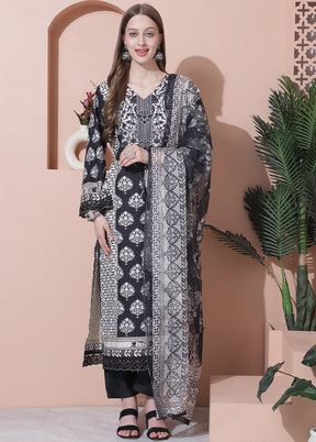 3 Pc Black Pure Semi Stitched Cotton Suit Set