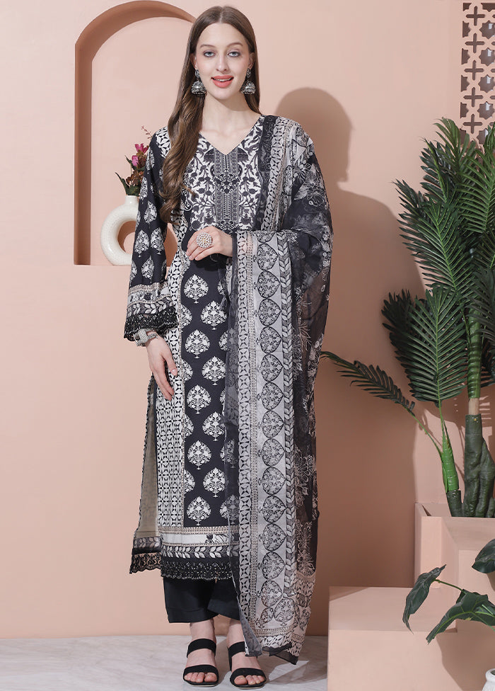 3 Pc Black Unstitched Pure Cotton Suit Set