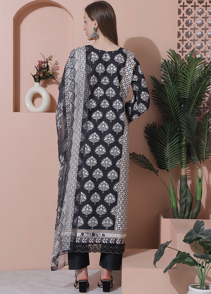 3 Pc Black Pure Semi Stitched Cotton Suit Set - Indian Silk House Agencies