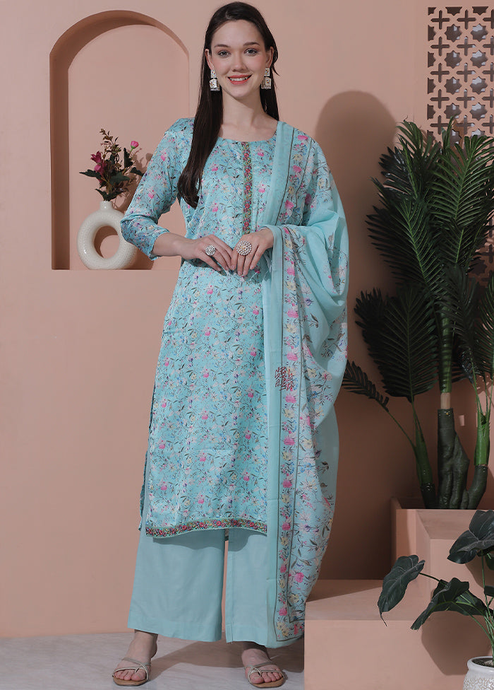 3 Pc Turquoise Semi Stitched Silk Suit Set - Indian Silk House Agencies