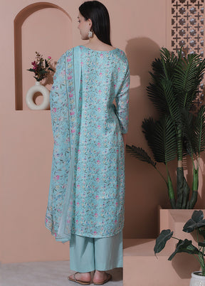 3 Pc Turquoise Semi Stitched Silk Suit Set - Indian Silk House Agencies