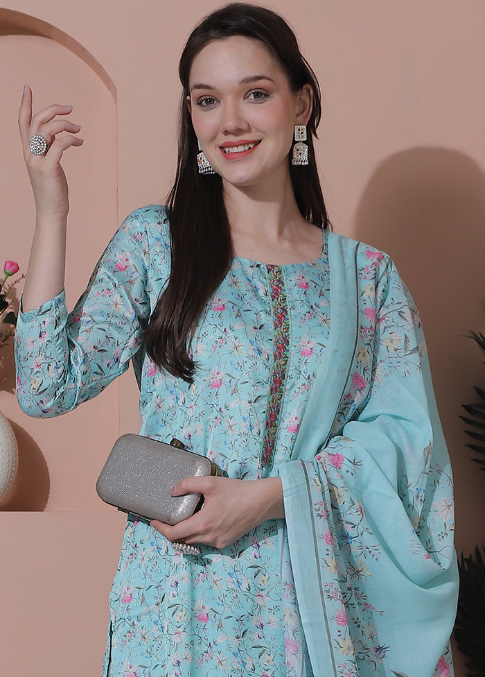 3 Pc Turquoise Semi Stitched Silk Suit Set