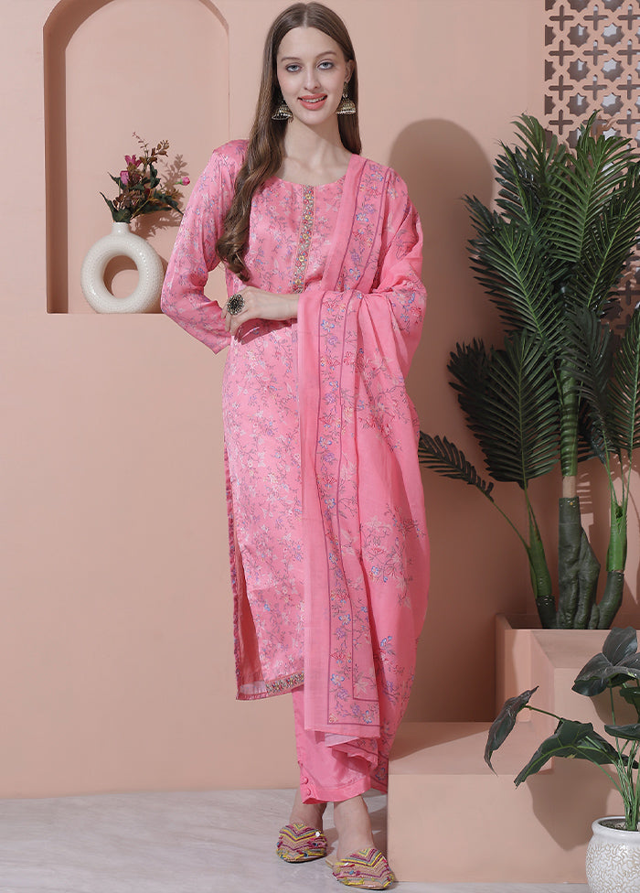 3 Pc Pink Semi Stitched Silk Suit Set