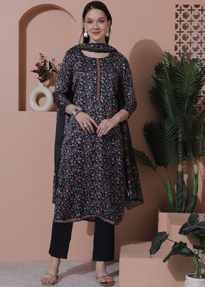 3 Pc Black Unstitched Silk Suit Set