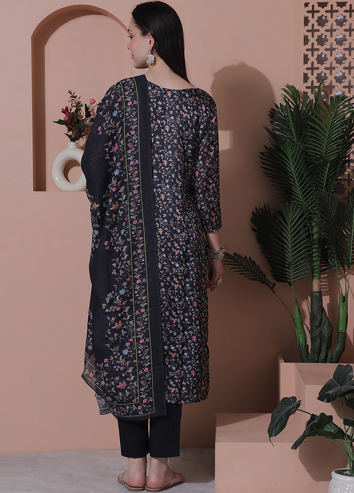 3 Pc Black Semi Stitched Silk Suit Set - Indian Silk House Agencies