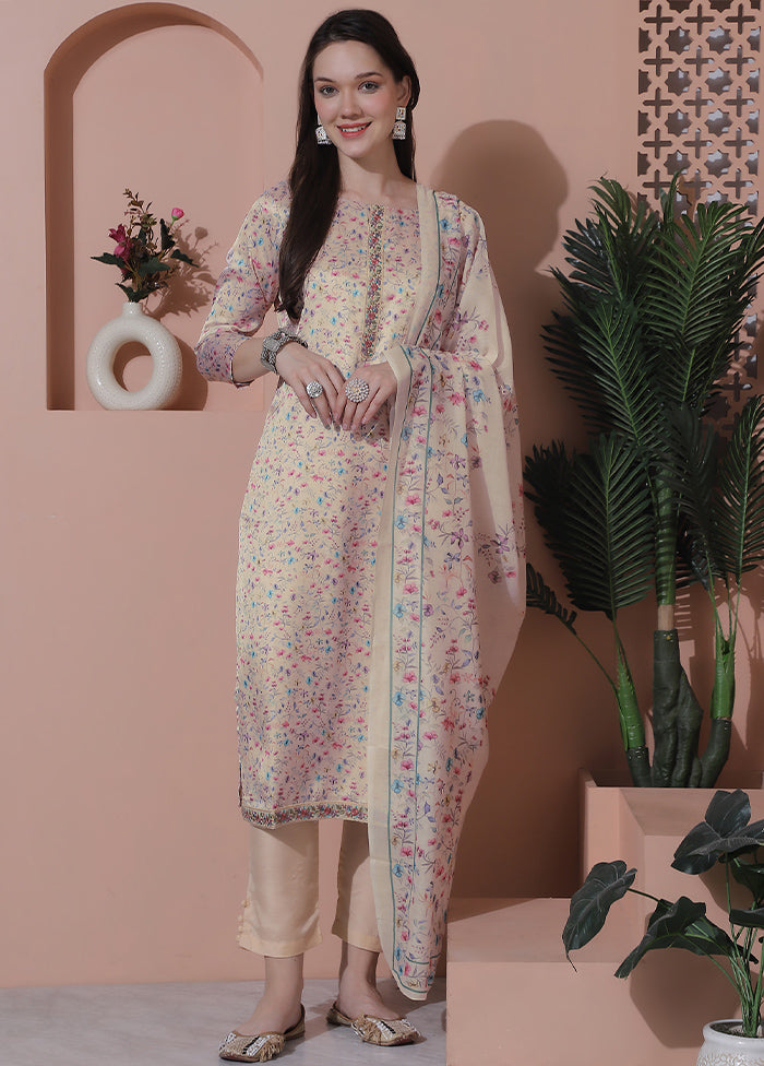 3 Pc Cream Semi Stitched Silk Suit Set - Indian Silk House Agencies