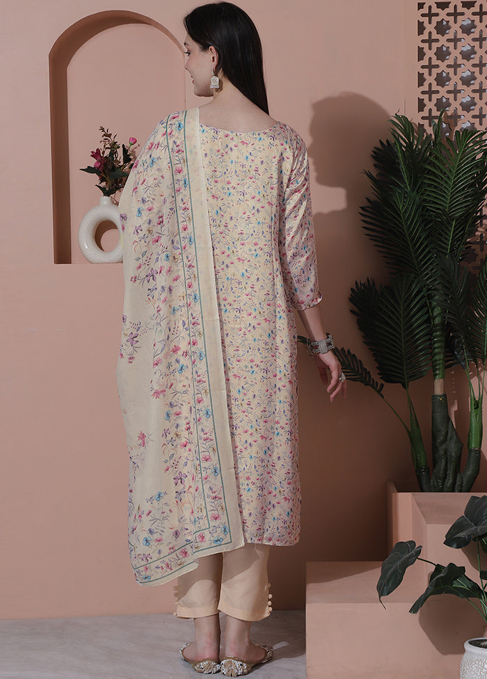 3 Pc Cream Semi Stitched Silk Suit Set - Indian Silk House Agencies