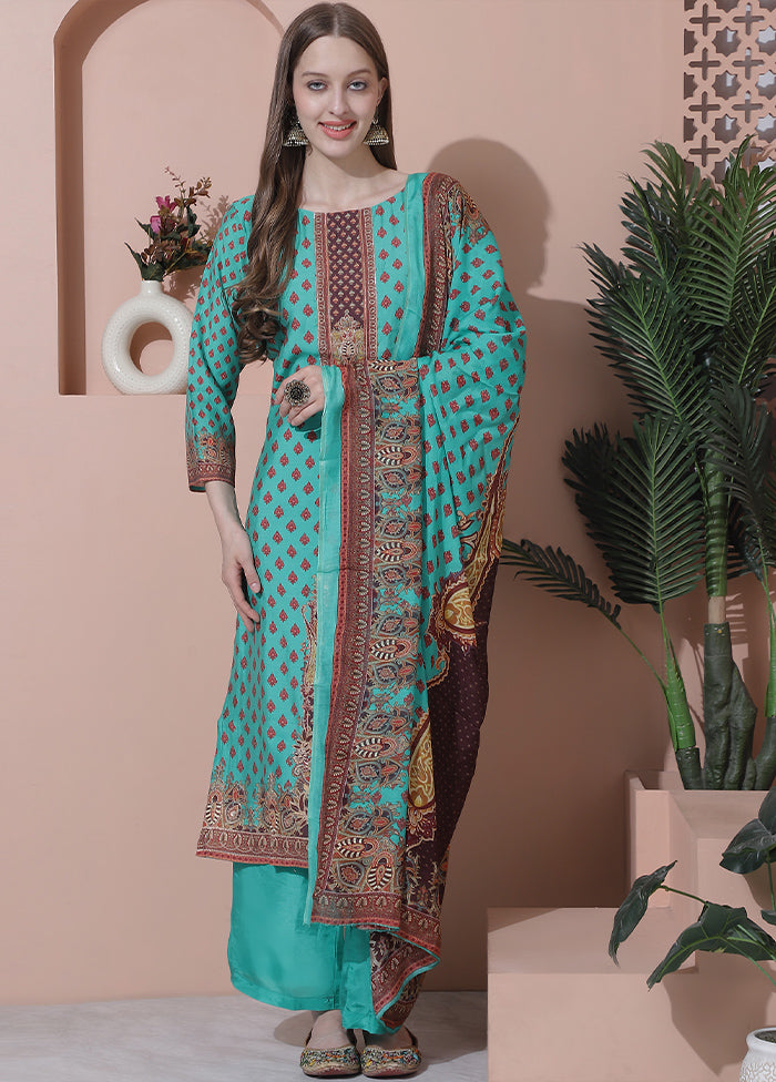 3 Pc Green Semi Stitched Silk Suit Set - Indian Silk House Agencies