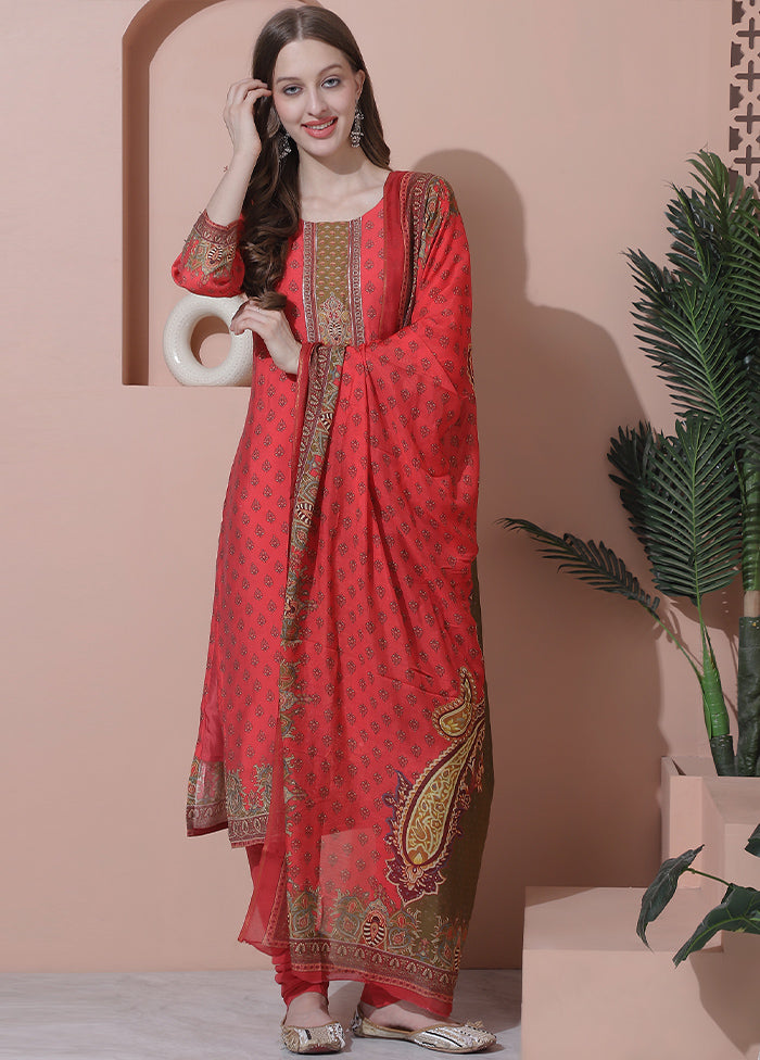 3 Pc Coral Semi Stitched Silk Suit Set - Indian Silk House Agencies