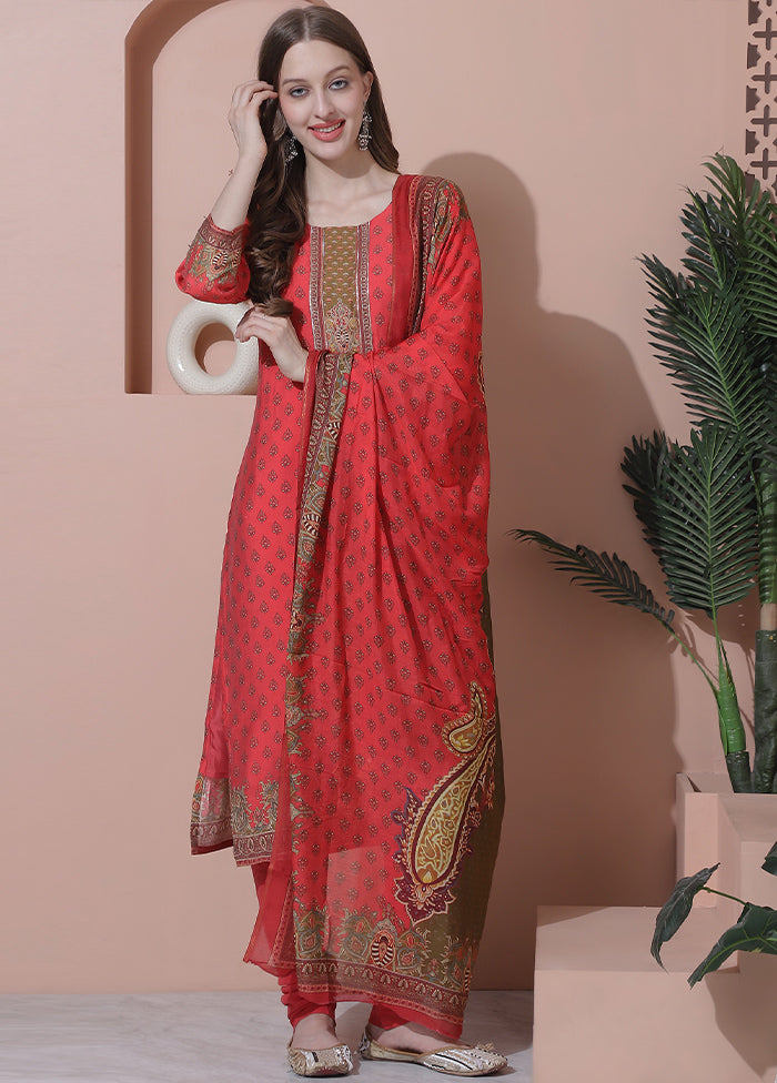 3 Pc Coral Unstitched Silk Suit Set