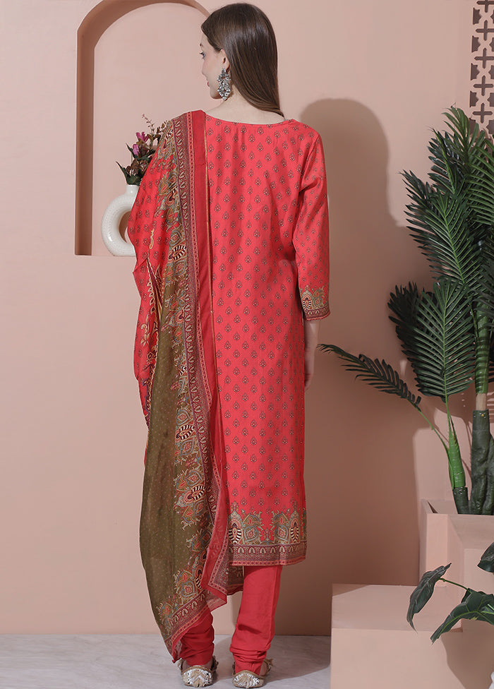 3 Pc Coral Semi Stitched Silk Suit Set - Indian Silk House Agencies