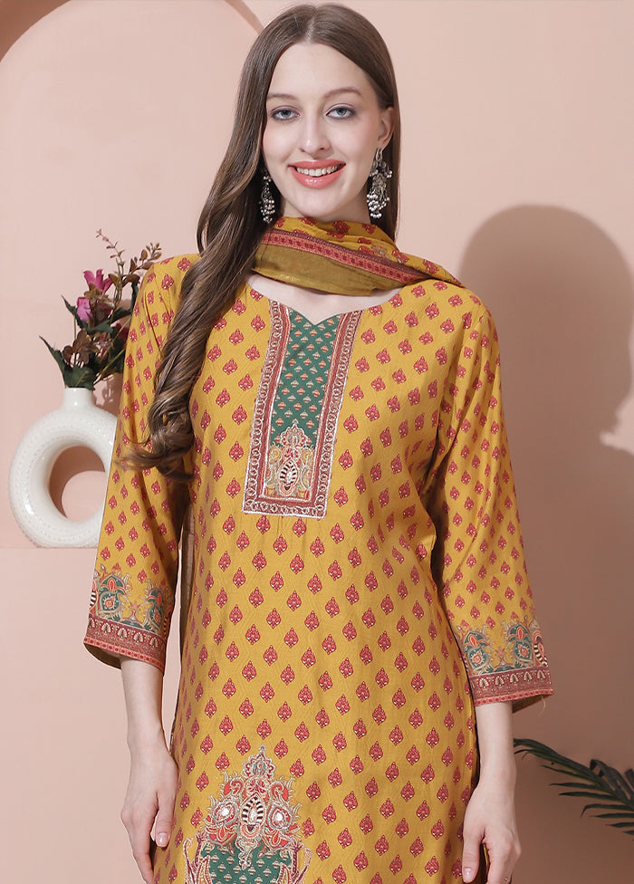 3 Pc Mustard Unstitched Silk Suit Set