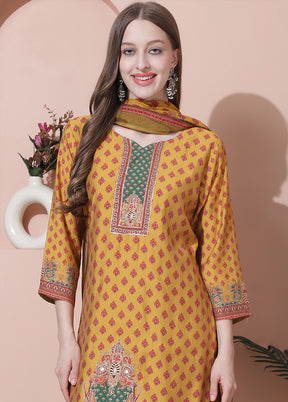 3 Pc Mustard Unstitched Silk Suit Set