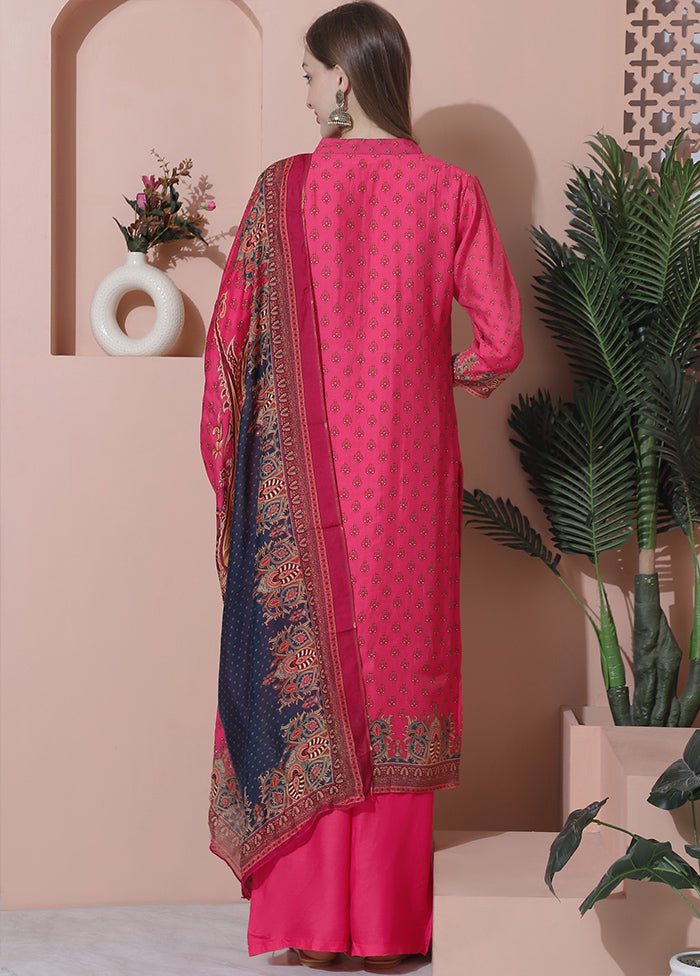 3 Pc Magenta Semi Stitched Silk Suit Set - Indian Silk House Agencies