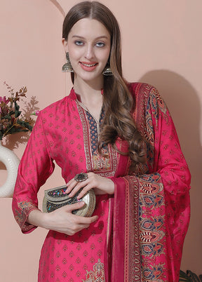 3 Pc Magenta Semi Stitched Silk Suit Set - Indian Silk House Agencies