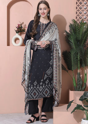 3 Pc Black Semi Stitched Silk Suit Set - Indian Silk House Agencies