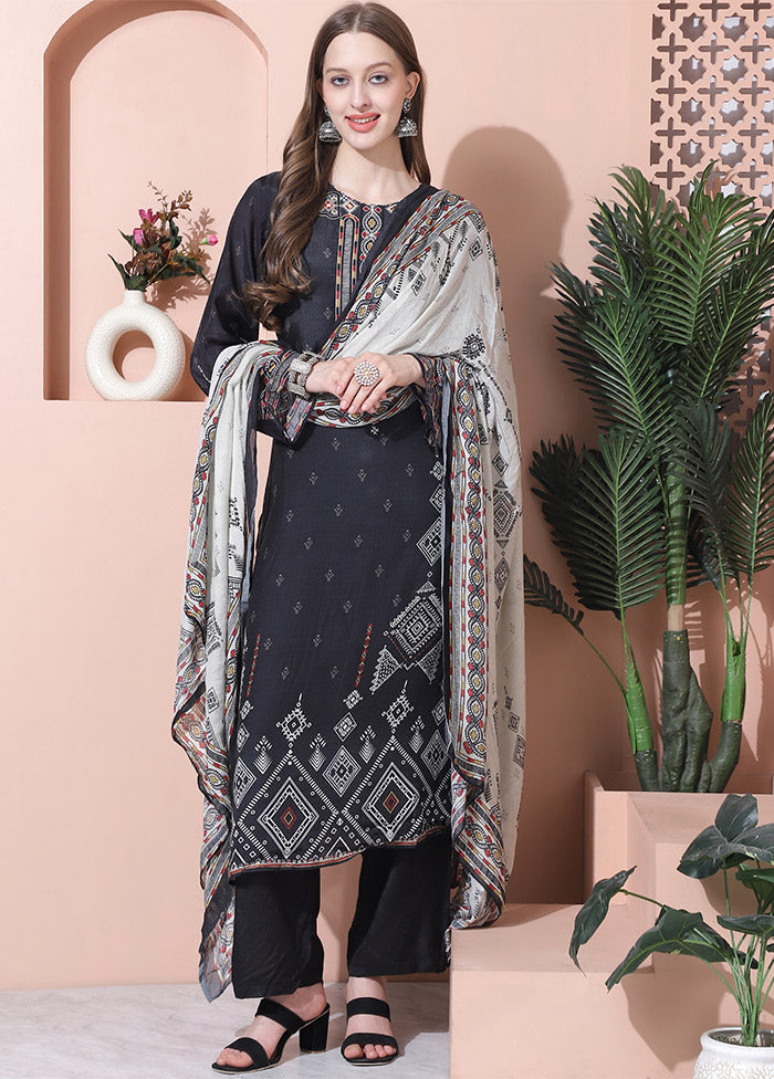 3 Pc Black Unstitched Silk Suit Set