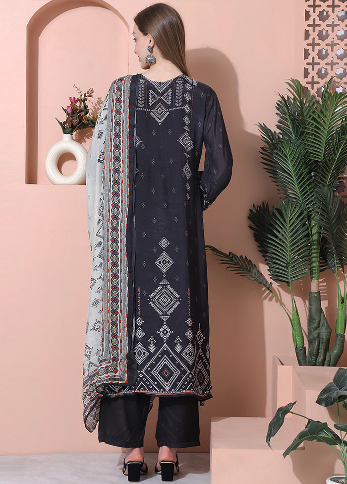 3 Pc Black Semi Stitched Silk Suit Set - Indian Silk House Agencies