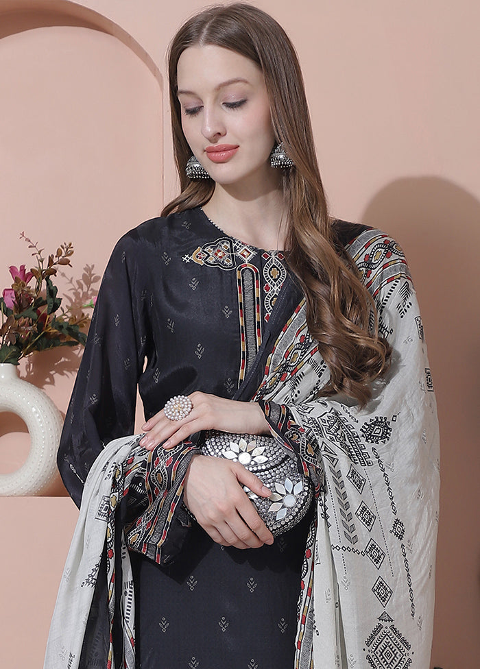 3 Pc Black Semi Stitched Silk Suit Set - Indian Silk House Agencies