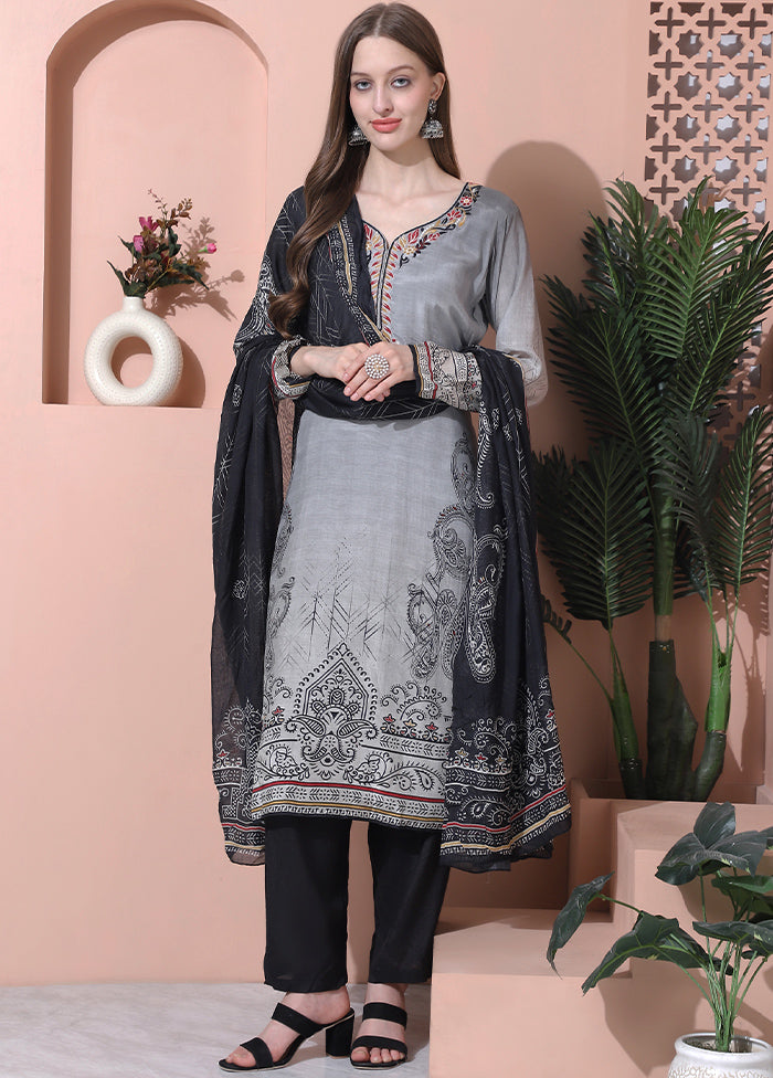 3 Pc Grey Unstitched Silk Suit Set