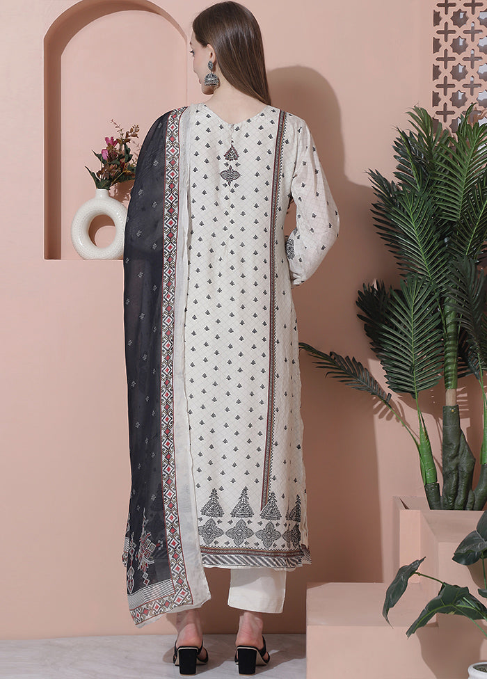 3 Pc Off White Semi Stitched Silk Suit Set - Indian Silk House Agencies