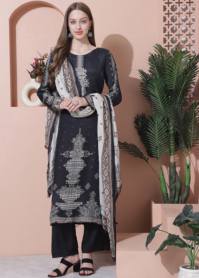 3 Pc Black Unstitched Silk Suit Set